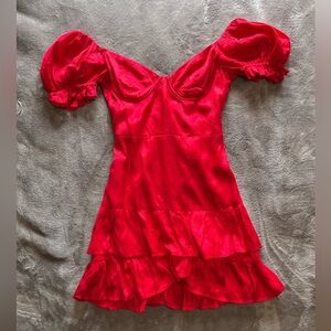 MAJORELLE Red Viscose Off Shoulder Silky Printed Mini Dress Women’s Sz S EUC